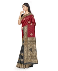 Women's Banarasi Silk Saree With Blouse (Black, Red, 5-6Mtrs) - Black- Red, 0.45