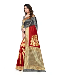 Women's Banarasi Silk Saree With Blouse (Grey, Red, 5-6Mtrs) - Grey- Red, 0.45