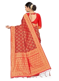 Women's Banarasi silk Saree with Blouse (Red,black, 5-6mtr) - Red-black, 0.44