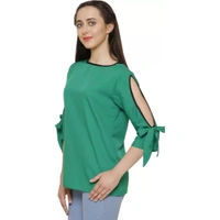 Women's Casual Slit Sleeve Solid Green Top (Color:GreenMaterial:Poly Crepe) - Green, Top