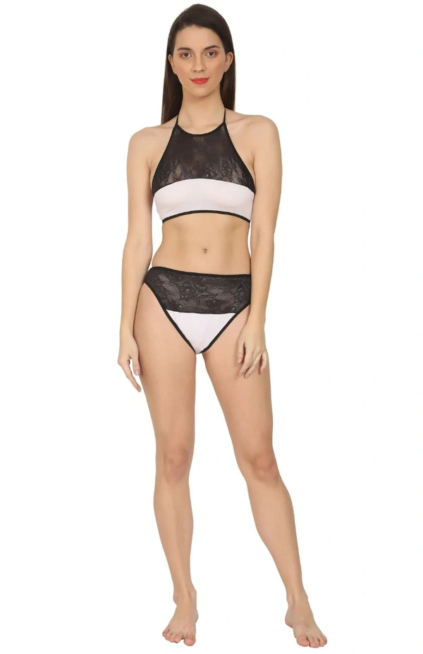 Women's Cotton Lace Halter Neck Lingerie Black Lace And White Color (White And Black) - White And Black, 0.15, Lingerie Set, 30