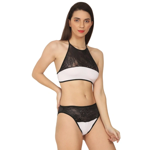 Women's Cotton Lace Halter Neck Lingerie Black Lace And White Color (White And Black) - White And Black, 0.15, Lingerie Set, 30