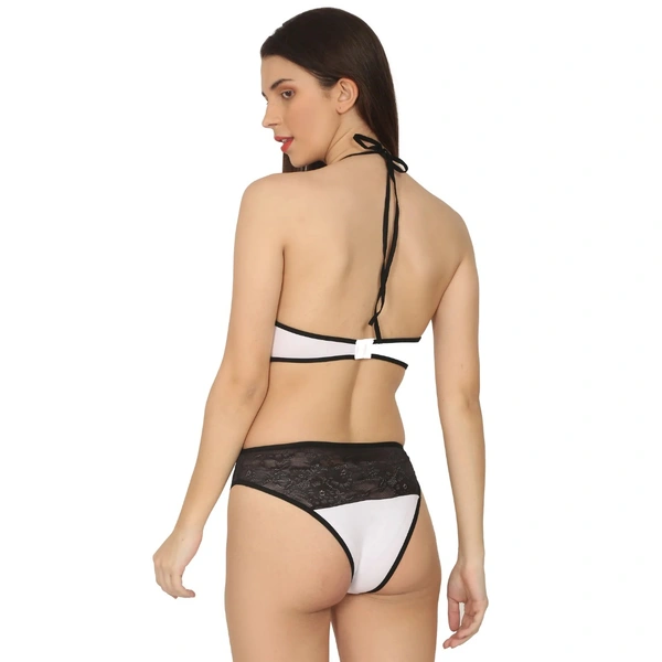 Women's Cotton Lace Halter Neck Lingerie Black Lace And White Color (White And Black) - White And Black, 0.15, Lingerie Set, 30