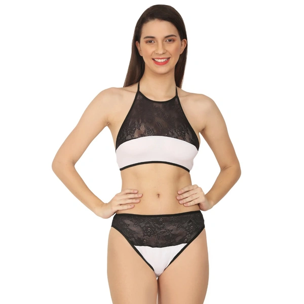 Women's Cotton Lace Halter Neck Lingerie Black Lace And White Color (White And Black) - White And Black, 0.15, Lingerie Set, 30