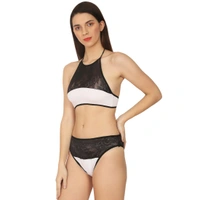 Women's Cotton Lace Halter Neck Lingerie Black Lace And White Color (White And Black) - White And Black, 0.15, Lingerie Set, 30