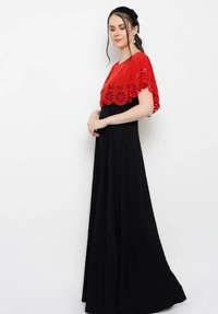 Women's Crepe Solid Sleeveless Full Length Gown(Red Black) - Red Black, 0.35, S