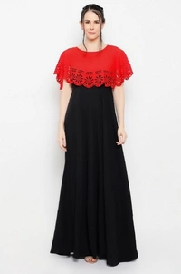 Women's Crepe Solid Sleeveless Full Length Gown(Red Black) - Red Black, 0.35, S