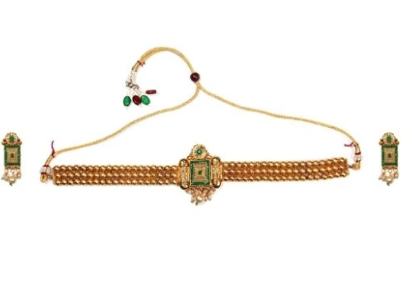 Shopnav Women's Elegent And Modern Gold Plated Chowker Set (Green — Free Size) - Green, Alloy