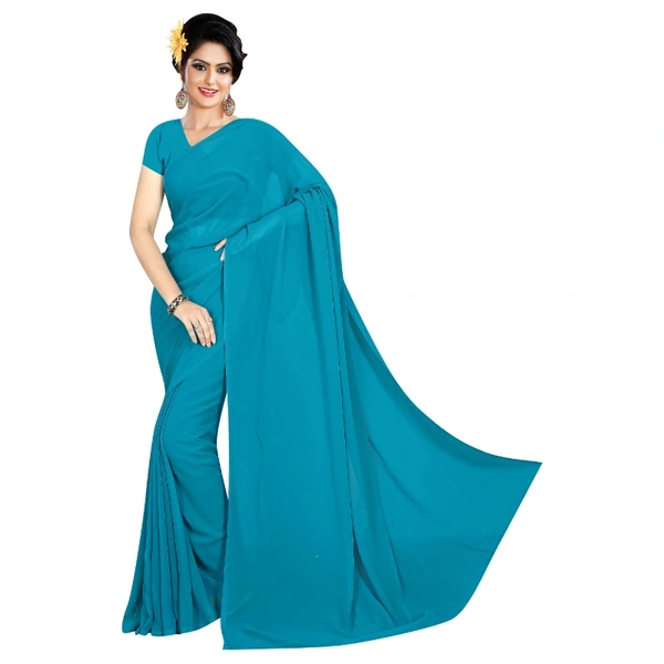Women's Georgette Plain Saree With Blouse (Dark Firozi, 5-6 Mtrs) - Dark Firozi, 0.45