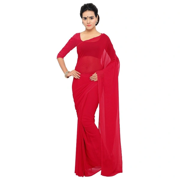 Women's Georgette Plain Saree With Blouse (Red, 5-6 Mtrs) - Red, 0.45