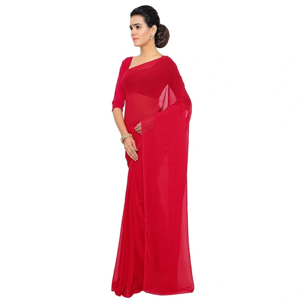 Women's Georgette Plain Saree With Blouse (Red, 5-6 Mtrs) - Red, 0.45