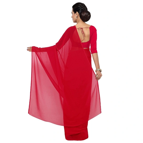 Women's Georgette Plain Saree With Blouse (Red, 5-6 Mtrs) - Red, 0.45