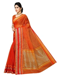 Women's Kota Doria Cotton Border Saree With Blouse (Orange, 5-6 Mtrs) - Orange, 0.45