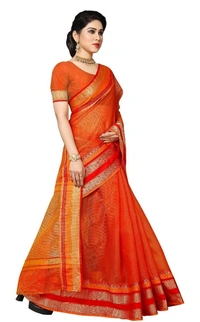 Women's Kota Doria Cotton Border Saree With Blouse (Orange, 5-6 Mtrs) - Orange, 0.45