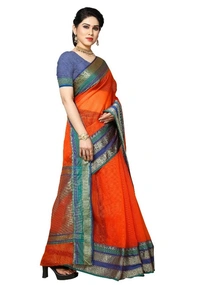 Women's Kota Doria Cotton Border Saree With Blouse (Fanta, 5-6 Mtrs) - Fanta, 0.45