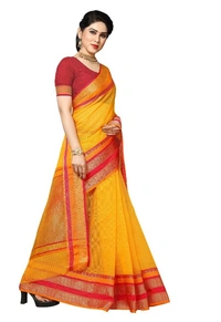 Women's Kota Doria Cotton Border Saree With Blouse (Gold, 5-6 Mtrs) - Gold, 0.45