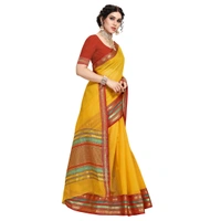 Women's Kota Doria Cotton Bordered Saree With Blouse (Yellow, 5-6 Mtrs) - Yellow, 0.45