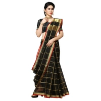 Women's Kota Doria Cotton Checked Saree With Blouse (Black, 5-6 Mtrs) - Black, 0.45