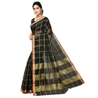 Women's Kota Doria Cotton Checked Saree With Blouse (Black, 5-6 Mtrs) - Black, 0.45