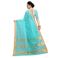 Women's Kota Doria Cotton Checked Saree With Blouse (Sky Blue, 5-6 Mtrs) - Sky Blue, 0.45