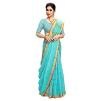 Women's Kota Doria Cotton Checked Saree With Blouse (Sky Blue, 5-6 Mtrs) - Sky Blue, 0.45