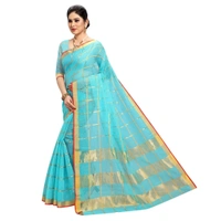 Women's Kota Doria Cotton Checked Saree With Blouse (Sky Blue, 5-6 Mtrs) - Sky Blue, 0.45