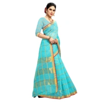 Women's Kota Doria Cotton Checked Saree With Blouse (Sky Blue, 5-6 Mtrs) - Sky Blue, 0.45