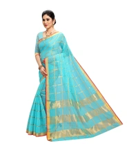 Women's Kota Doria Cotton Saree With Blouse (Sky Blue,6-3 Mtrs) - Sky Blue, 0.4