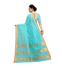 Women's Kota Doria Cotton Saree With Blouse (Sky Blue,6-3 Mtrs) - Sky Blue, 0.4