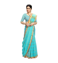 Women's Kota Doria Cotton Saree With Blouse (Sky Blue,6-3 Mtrs) - Sky Blue, 0.4