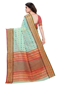 Women's Kota Doria Cotton Woven Butta Saree With Blouse (Pista, 5-6 Mtrs) - Pista, 0.45