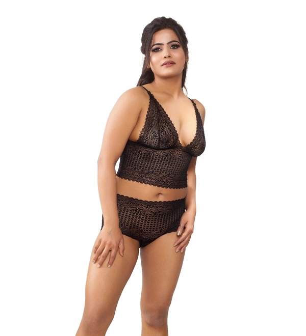 Women's Lace Black Lingerie Bra And Panty Set (Black) - Black, 0.15, Bra Panty Set, 30