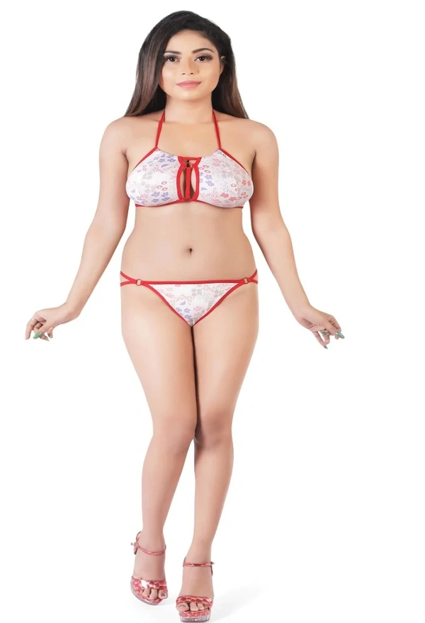 Women's Polyamide Non Padded Light Pink Floral Printed Polyamide Halter Neck Lingerie Set (Light Pink) - Light Pink, 0.15, Lingerie Set, 36