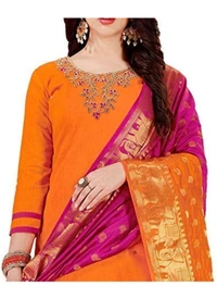 Women's Slub Cotton Unstitched Salwar-Suit Material With Dupatta (Orange, 2 Mtr) - Black, 0.44, 2 Mtr