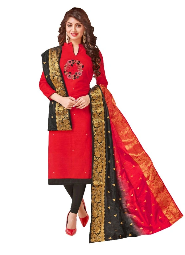 Women's South Slub Cotton Unstitched Salwar-Suit Material With Dupatta (Red, 2-2.5mtrs)