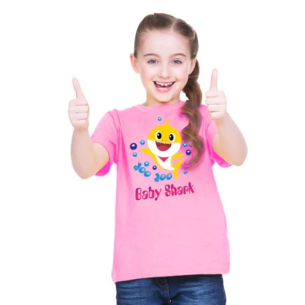 Girls Cotton Baby Shark Half Sleeve TShirt (Pink) - L