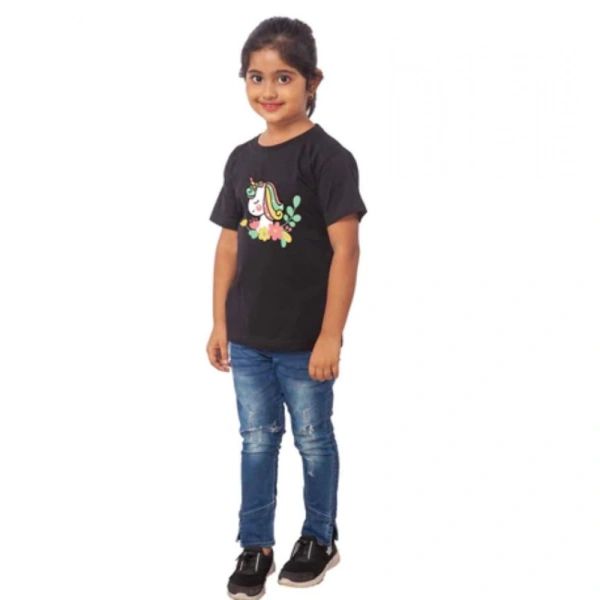 Girls Cotton Unicorn Face Half Sleeve TShirt (Black) - L