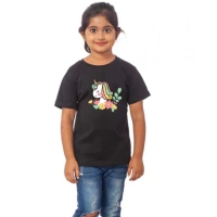 Girls Cotton Unicorn Face Half Sleeve TShirt (Black) - L