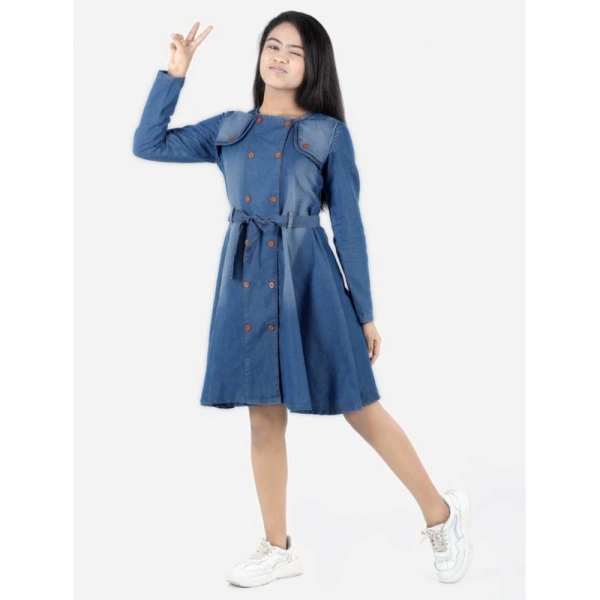 Shopnav Girl's Denim Solid Long Sleeve Round Neck Dress (Blue)