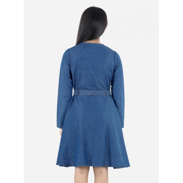 Shopnav Girl's Denim Solid Long Sleeve Round Neck Dress (Blue)