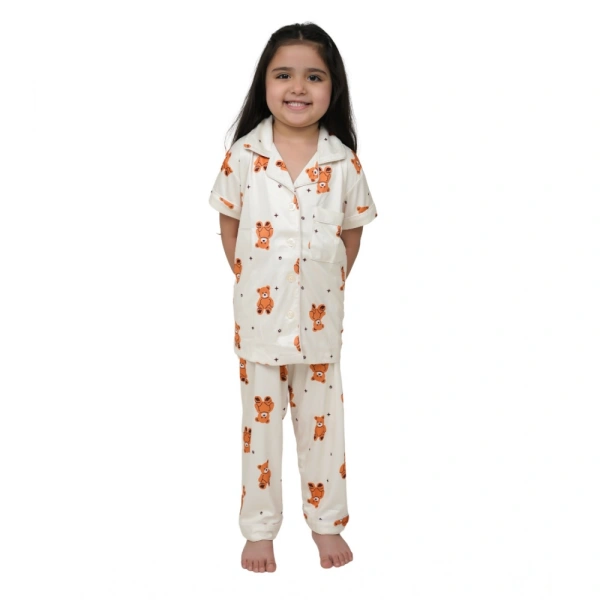 Generic Girl's Silk Bleand Printed Short Sleeve Night Suit Set (White) - 10-11-Yrs