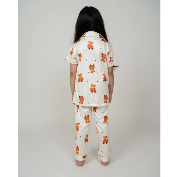 Generic Girl's Silk Bleand Printed Short Sleeve Night Suit Set (White) - 10-11-Yrs