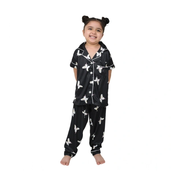 Generic Girl's Silk Bleand Printed Short Sleeve Night Suit Set (Black) - 4-5-Yrs