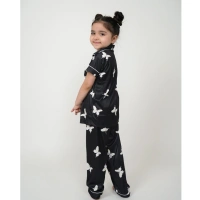 Generic Girl's Silk Bleand Printed Short Sleeve Night Suit Set (Black) - 4-5-Yrs