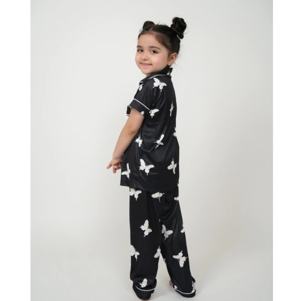 Generic Girl's Silk Bleand Printed Short Sleeve Night Suit Set (Black) - 4-5-Yrs