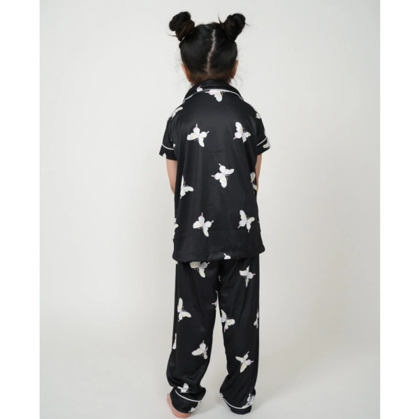 Generic Girl's Silk Bleand Printed Short Sleeve Night Suit Set (Black) - 4-5-Yrs