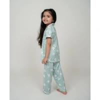 Generic Girl's Silk Bleand Printed Short Sleeve Night Suit Set (Light Green) - 11-12-Yrs