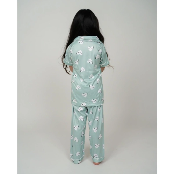 Generic Girl's Silk Bleand Printed Short Sleeve Night Suit Set (Light Green) - 11-12-Yrs