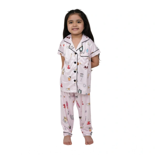Generic Girl's Silk Bleand Printed Short Sleeve Night Suit Set (Creem) - 11-12-Yrs