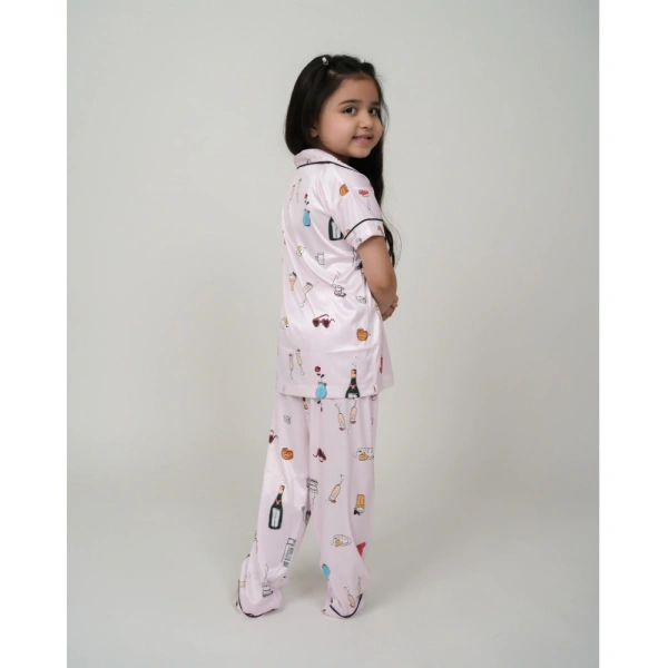 Generic Girl's Silk Bleand Printed Short Sleeve Night Suit Set (Creem) - 11-12-Yrs
